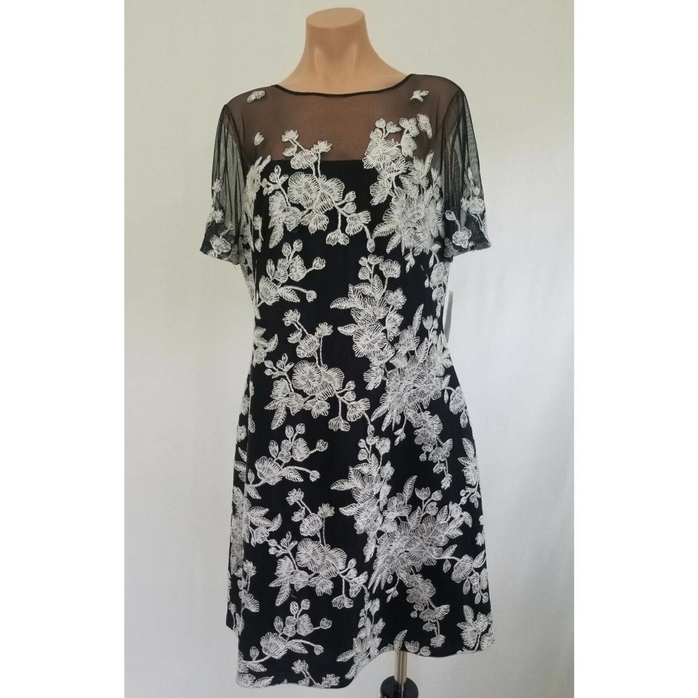 Tadashi Shoji black white embroidered women's sheath dress size 12